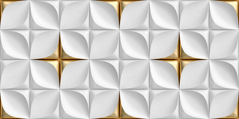 Wall Mural - 3D Wallpaper of tiles made of white leather with gold decorative elements. High quality seamless texture.