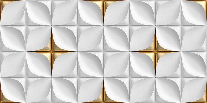 Wall Mural -  - 3D Wallpaper of tiles made of white leather with gold decorative elements. High quality seamless texture.