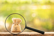 Leinwandbild Motiv Magnifying glass with searching for money bag put on the wood on bokeh background, Loan and find for business investment fund  in the future concept.