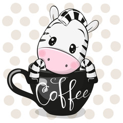 Canvas Print - Cartoon Zebra is sitting in a Cup of coffee