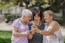Three Old Women Are Smiling And Looking Photos At The At Screen Of The Phone In The Park On A Warm Day