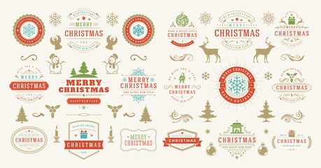 Christmas and happy new year wishes labels and badges set vector illustration