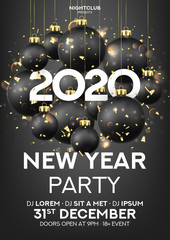 Wall Mural - New Year party poster invite. Holiday vector illustration with realistic black Christmas balls, 2020 number. Decoration balls, confetti and effect bokeh on black background. Invitation to nightclub.