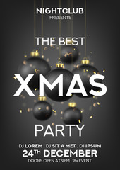 Wall Mural - Christmas party poster invitation template. Holiday vector illustration with realistic black Christmas balls, confetti and bokeh with blur effect on black background. Invitation to nightclub.