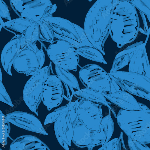 Creative seamless pattern with hand drawn abstract lemons. Fruity fashion pri...