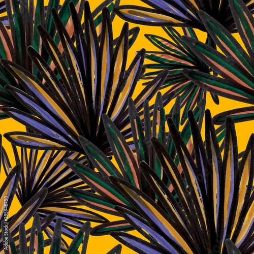 Creative seamless pattern with tropical flowers and leaves. Bright summer pri...