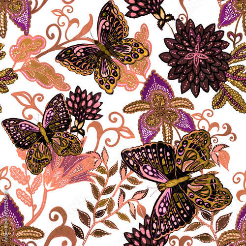 Creative seamless pattern with hand drawn fantasy flowers and butterflies. Tr...