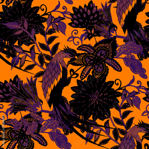 Creative seamless pattern with hand drawn fantasy flowers and bird. Trendy fa...