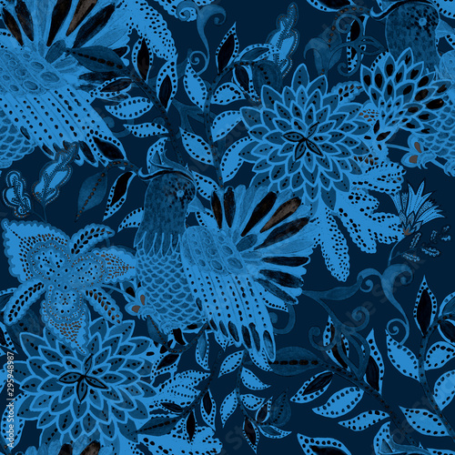 Creative seamless pattern with hand drawn fantasy flowers and bird. Trendy fa...