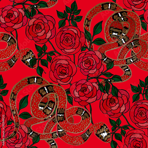 Creative seamless pattern with hand drawn roses and snakes. Fashion floral pr...