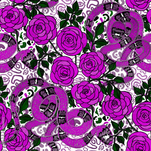 Creative seamless pattern with hand drawn roses and snakes on leopard print. ...