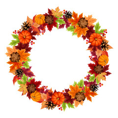 Wall Mural - Vector autumn wreath with orange pumpkins, pinecones and colorful leaves.