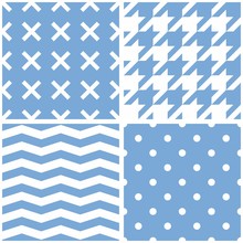 Seamless Vector Pattern Set With White Polka Dots, Hounds Tooth, Zig Zag And X Cross On A Pastel Baby Blue Background. For Tile Website Design, Desktop Wallpaper, Kids Background