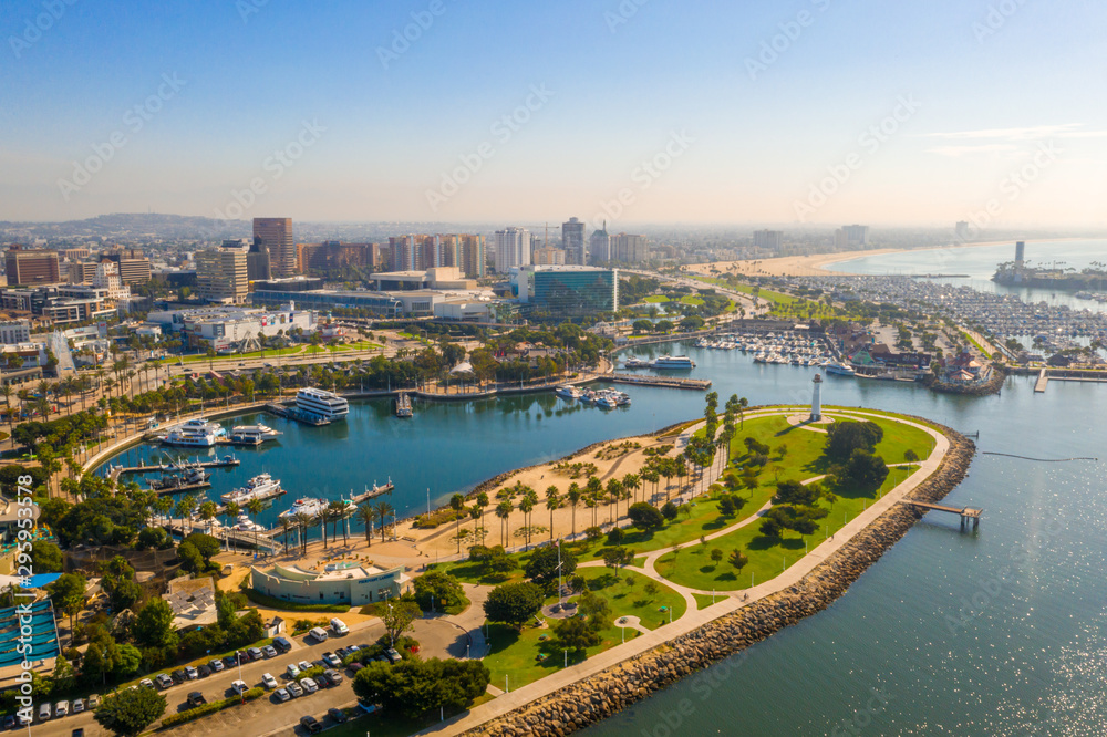 Aerial panoramic view of the Long Beach coastline, harbour, skyline and Marina in Long Beach with Palm Trees,. Beautiful Los Angeles. - obrazy, fototapety, plakaty 