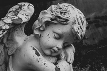 Closeup Of Sleeping Putto Or Child Angel Figurine On A Grave, Black And White Image, Horizontal, Copy Space For Text