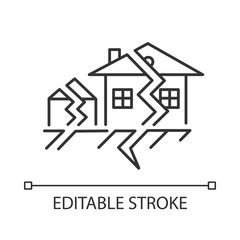 Poster - Earthquake linear icon. Seismic activity. Temblor buildings destruction. Cracked ground and houses. Thin line illustration. Contour symbol. Vector isolated outline drawing. Editable stroke