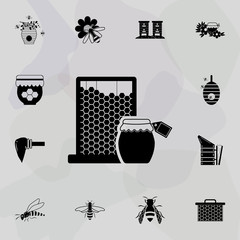 Poster - comb and honey jar icon. Universal set of beekeeping for website design and development, app development
