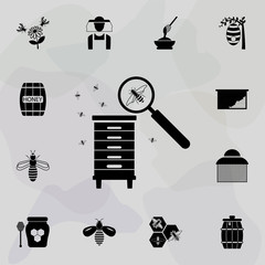 Poster - bee magnifier honeycomb icon. Universal set of beekeeping for website design and development, app development