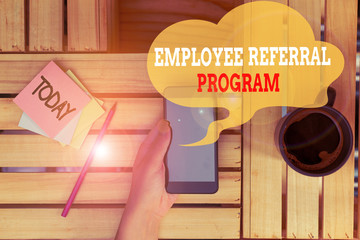Poster - Text sign showing Employee Referral Program. Business photo text employees are rewarded for introducing recruits woman computer smartphone drink mug office supplies technological devices