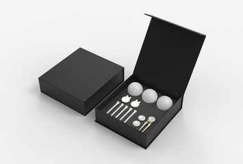 Wall Mural - Blank golf accessory gift set box for branding. 3d render illustration.