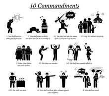 The 10 Commandment Icons And Pictogram. Illustration Depict Ten Commandments Teaching, Beliefs, And Moral Value By Christian God Religion.