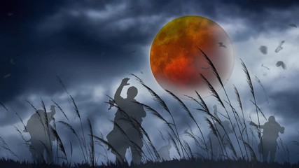 Canvas Print - zombies in the howling wind orange moon 4k features silhouettes of zombies walking toward the viewer