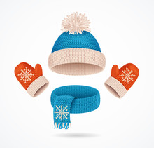 Realistic 3d Detailed Hat, Scarf And Mittens Set. Vector
