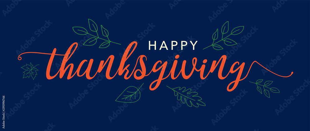 Happy Thanksgiving Text Vector Banner with Leaves Illustration and Blue Background - obrazy, fototapety, plakaty 