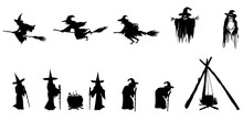 Set Of Silhouette Witch On White Background. Halloween Concept.