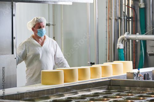 Cuadros en Lienzo Dairy factory. worker at cheese food production conveyer