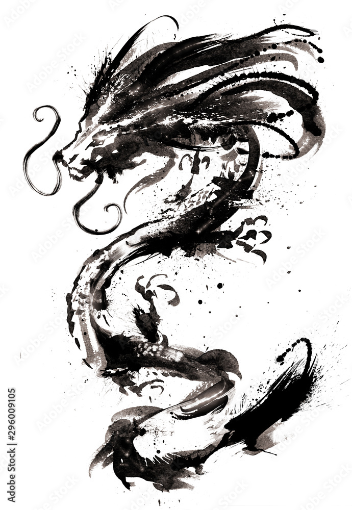 A Chinese dragon with glowing eyes and a blotchy mane painted in ink . 2D illustration - obrazy, fototapety, plakaty 