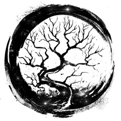 A black ink-painted tree circled in a blotting circle, with stars on the trunk . 2D illustration .