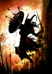 Wall Mural - Valkyrie in horned helmet with shield and sword attacks in jump  against the background of a yellow sunset and an army with spears.  2D illustration .
