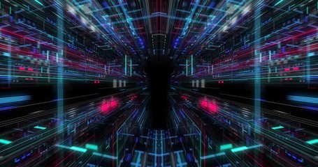 Poster - seamless loop of abstract futuristic technological background, floating circuits, charts, digits ele