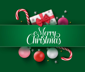 Wall Mural - Christmas vector green design concept. Merry christmas greeting card with colorful xmas elements like candy cane, balls and gifts in green background. Vector illustration
