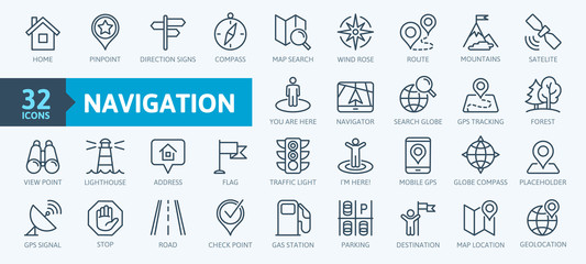navigation, location, gps elements - thin line web icon set. outline icons collection. simple vector