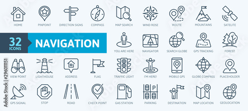 Cuadros en Lienzo Navigation, location, GPS elements - thin line web icon set