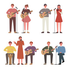 Wall Mural - people play guitar and sing. busking members. flat design style minimal vector illustration.