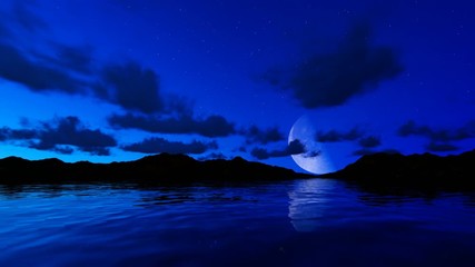 Wall Mural - Moon reflecting on water surface against starry sky and timelapse sunrise night to day, 4K