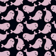 Vector Seamless Pattern With Pink Whales On Dark Background For Kids. Design For Fabric, Textile, Decor.
