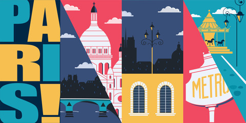 Paris, France vector banner, illustration. City skyline, historical buildings in modern flat design