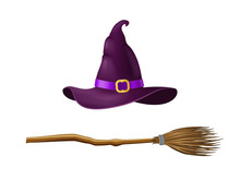 Realistic 3d Detailed Witch Hat And Broom Set. Vector