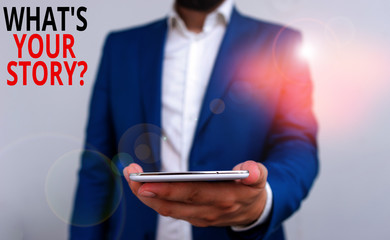 Aufkleber - Word writing text What S Your Story Question. Business photo showcasing asking demonstrating about his past life actions career or events Business concept with man holding mobile phone with touch