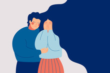 Young Man Comforting Her Crying Best Friend. Depressed Woman Covering Face With Hands And Her Husband Consoling And Care About Her. Help And Support Concept. Hand Drawn Style Vector Illustration