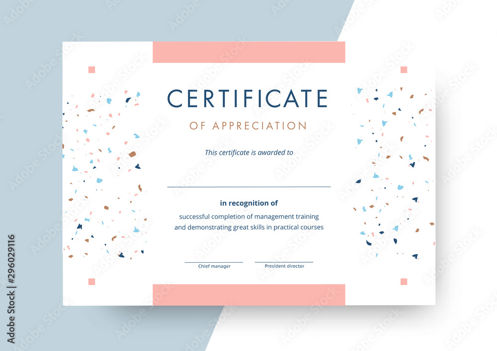 Certificate of appreciation template design. Elegant business diploma layout for training graduation or course completion. Vector background illustration. - obrazy, fototapety, plakaty 