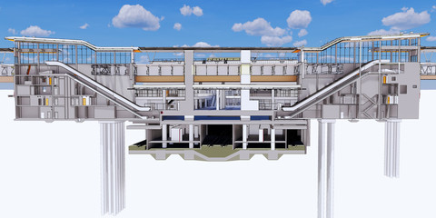 Wall Mural - Сross-section view of BIM model of transport hub building and subway station and 