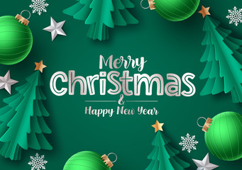 Wall Mural - Christmas tree vector greeting card. Merry christmas greeting text with green pine tree, snowflakes, balls and stars in green background. Vector illustration.