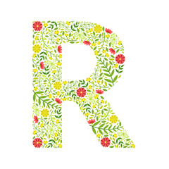 Sticker - Capital Letter R, Green Floral Alphabet Element, Font Uppercase Letter Made of Leaves and Flowers Pattern Vector Illustration