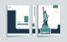 Brochure Business, Cover Design Template. Geometric Design, Statue Of Liberty. New York. First Page, Layout. Green And Blue Design. Book, Booklet Album, Poster. Annual Report, Title. A4 Format, Text