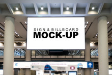 Mock Up Large Billboard Frame Hanging From Ceiling Of Subway